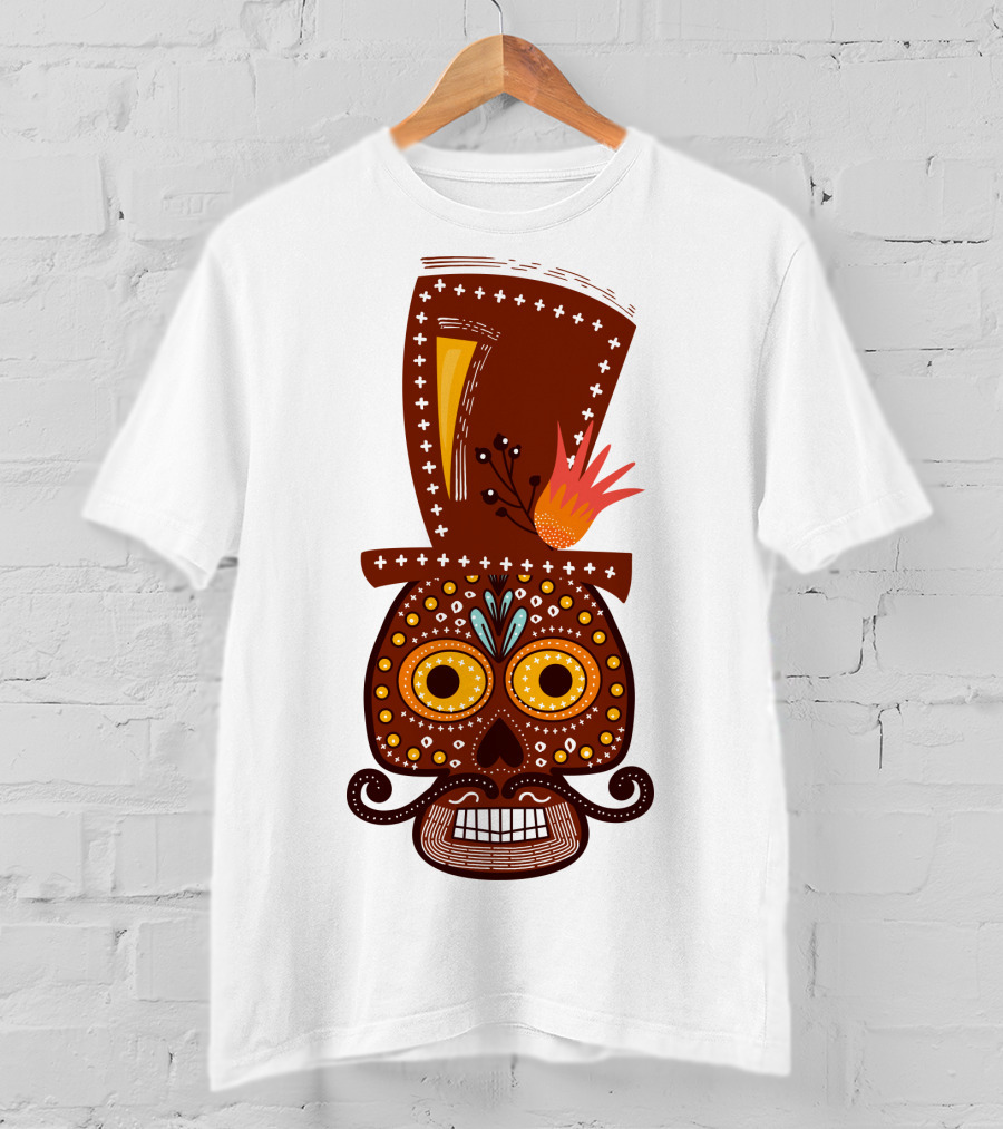 Skull Series 156 Colorful Day Of The Dead Sugar Skull Top Hat Mustache T-Shirt