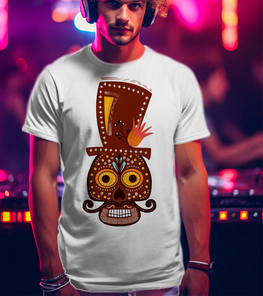 Skull Series 156 Colorful Day Of The Dead Sugar Skull Top Hat Mustache T-Shirt