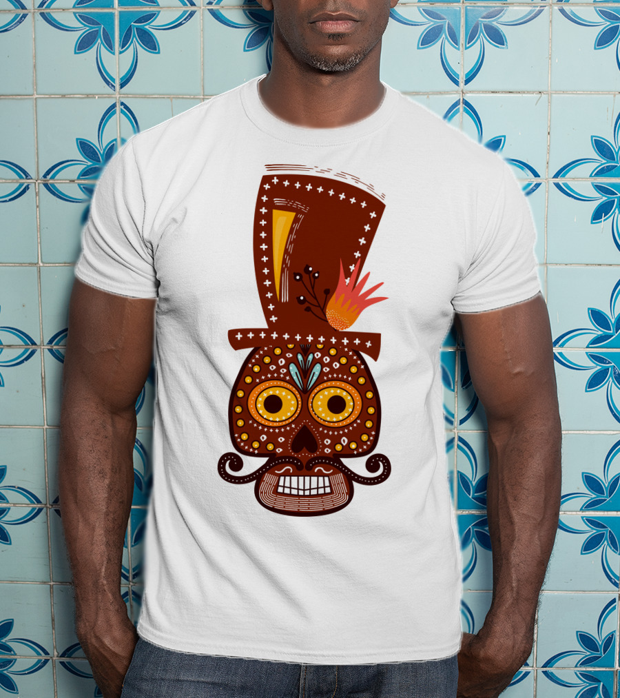 Skull Series 156 Colorful Day Of The Dead Sugar Skull Top Hat Mustache T-Shirt