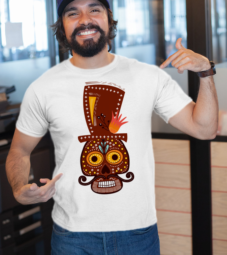 Skull Series 156 Colorful Day Of The Dead Sugar Skull Top Hat Mustache T-Shirt