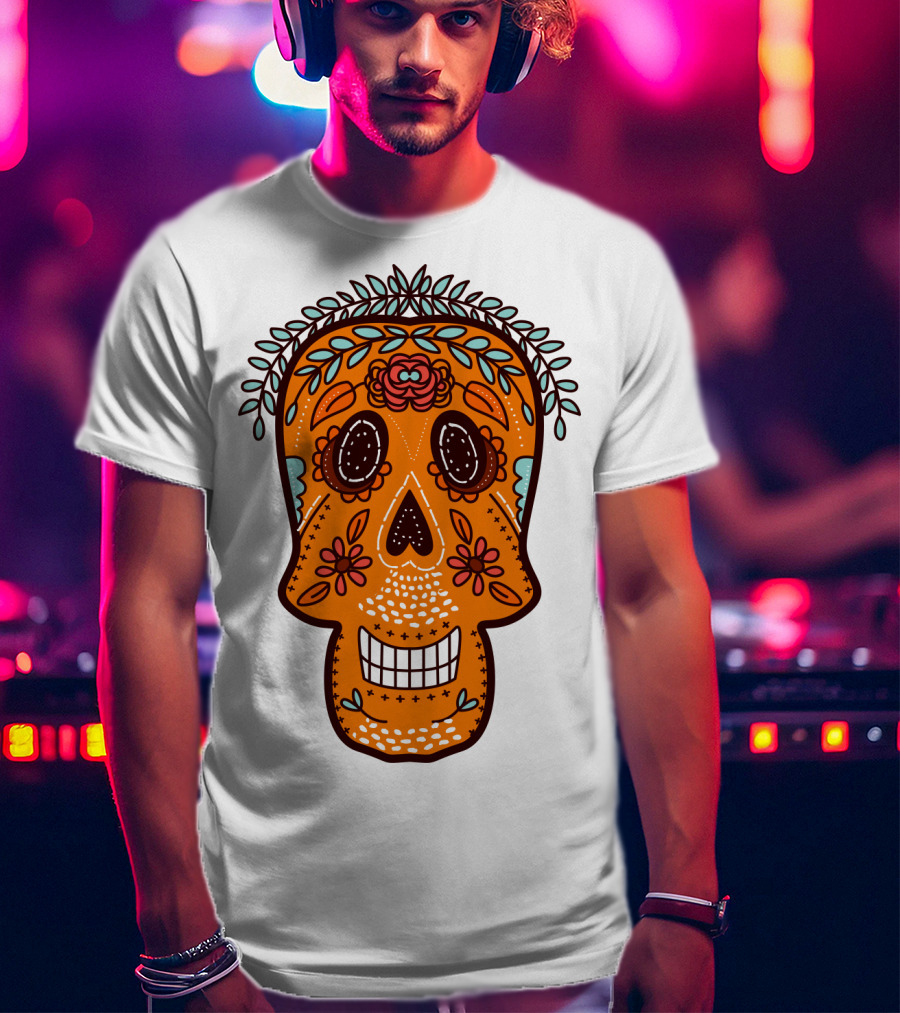 Skull Smile Sugar Skull Floral Día De Los Muertos T-Shirt
