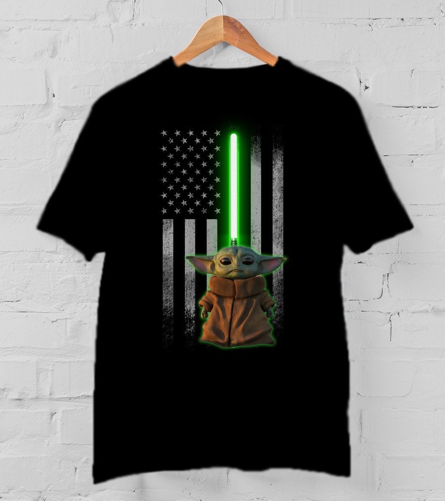 Baby Yoda Lightsaber American Flag Background T-Shirt
