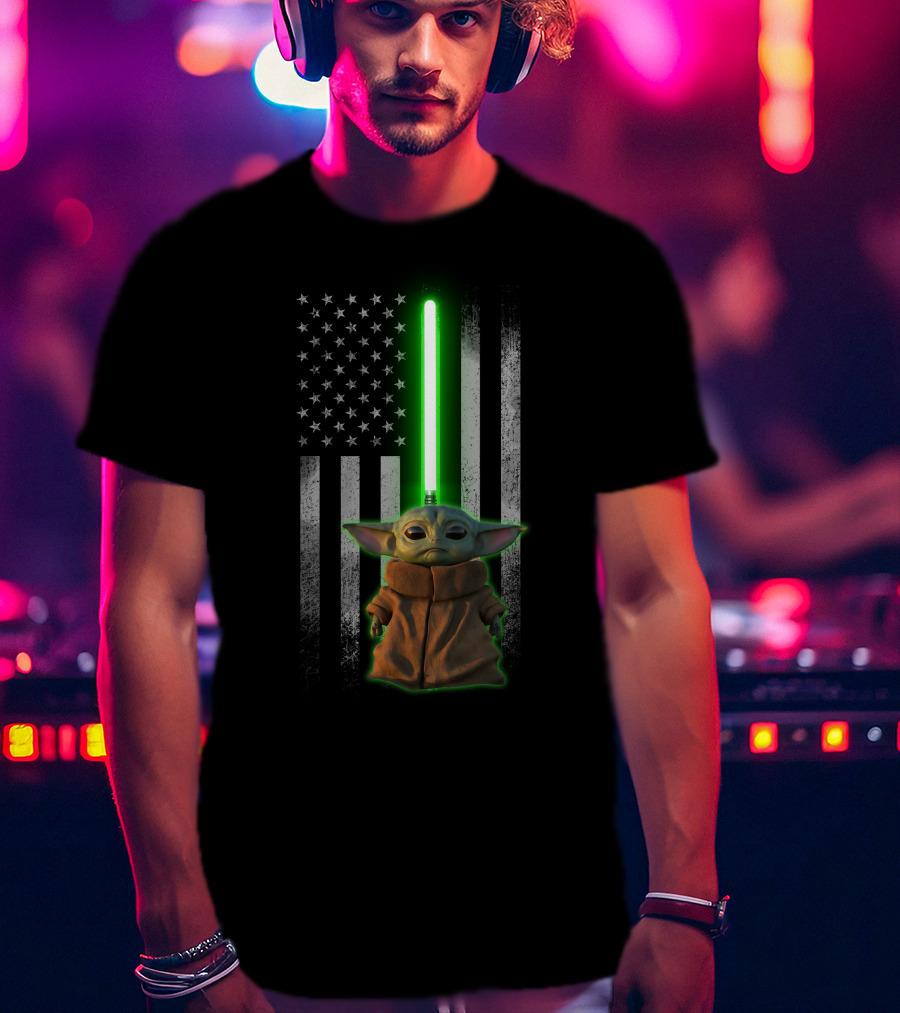 Baby Yoda Lightsaber American Flag Background T-Shirt