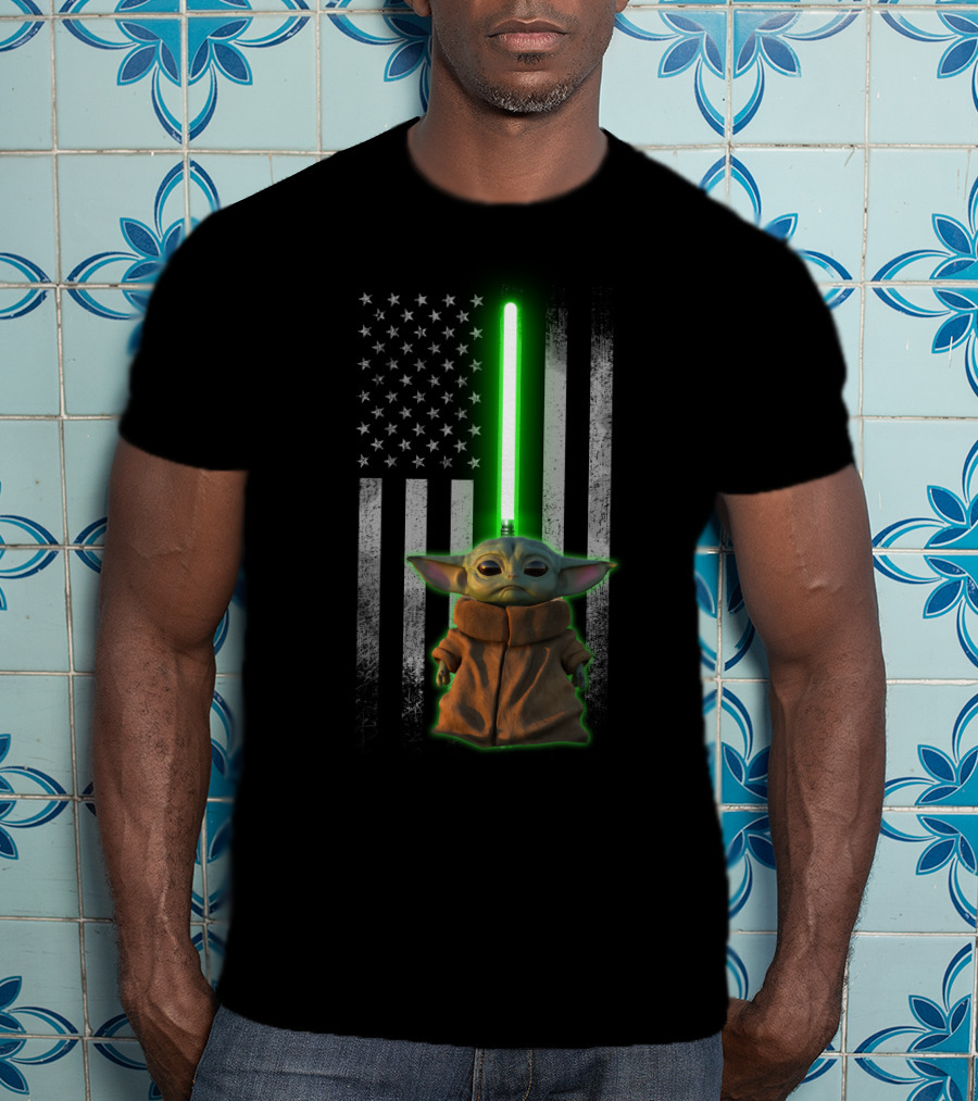 Baby Yoda Lightsaber American Flag Background T-Shirt