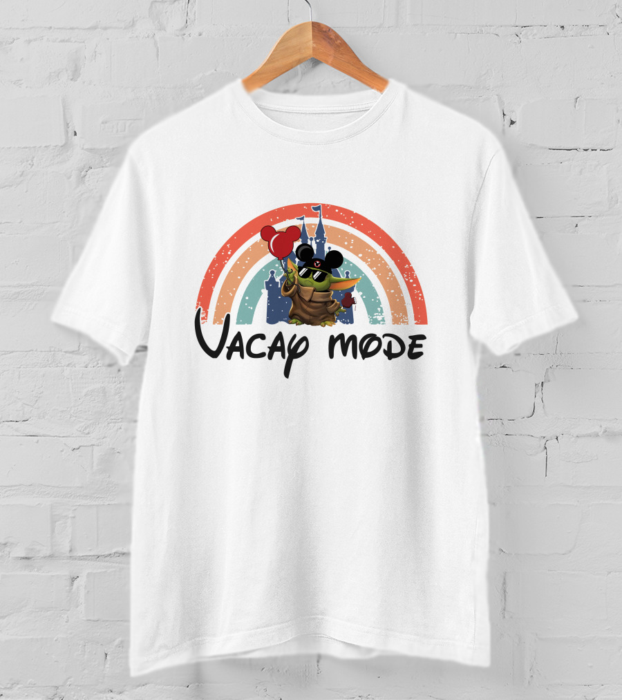 Baby Yoda Vacay Mode Disney Castle Mickey Ears Rainbow Balloons T-Shirt