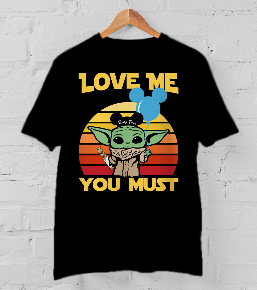Love ME You Must Baby Yoda Mickey Ears Balloon Vintage Stripes T-Shirt