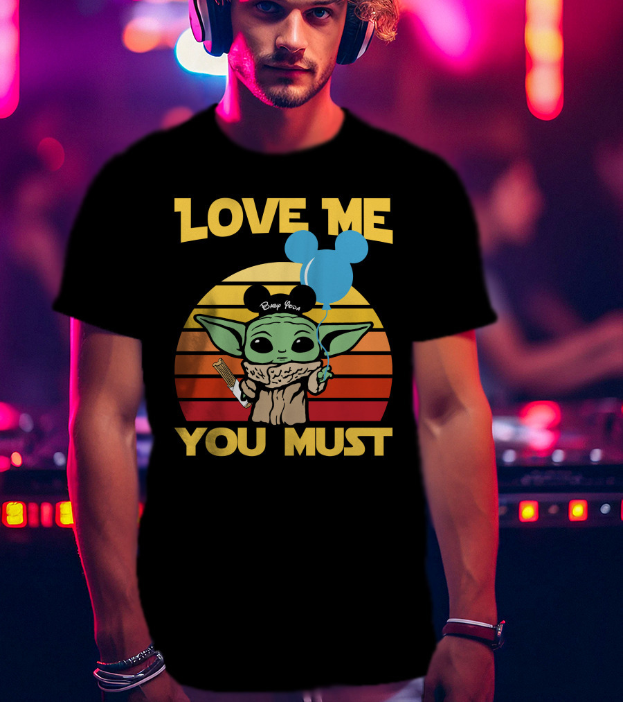 Love ME You Must Baby Yoda Mickey Ears Balloon Vintage Stripes T-Shirt