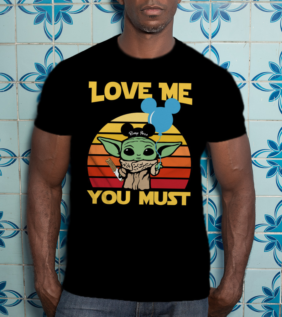 Love ME You Must Baby Yoda Mickey Ears Balloon Vintage Stripes T-Shirt