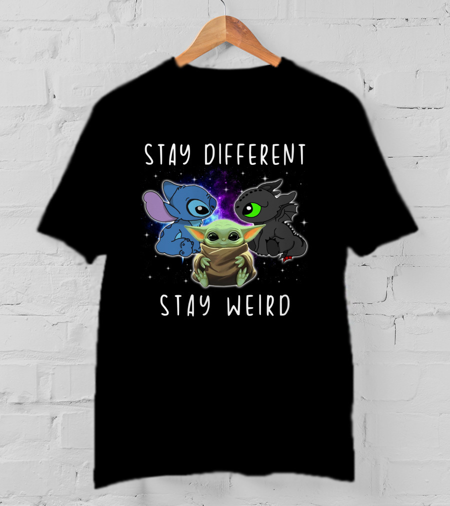 Stay Different Stay Weird Stitch Toothless Baby Yoda T-Shirt