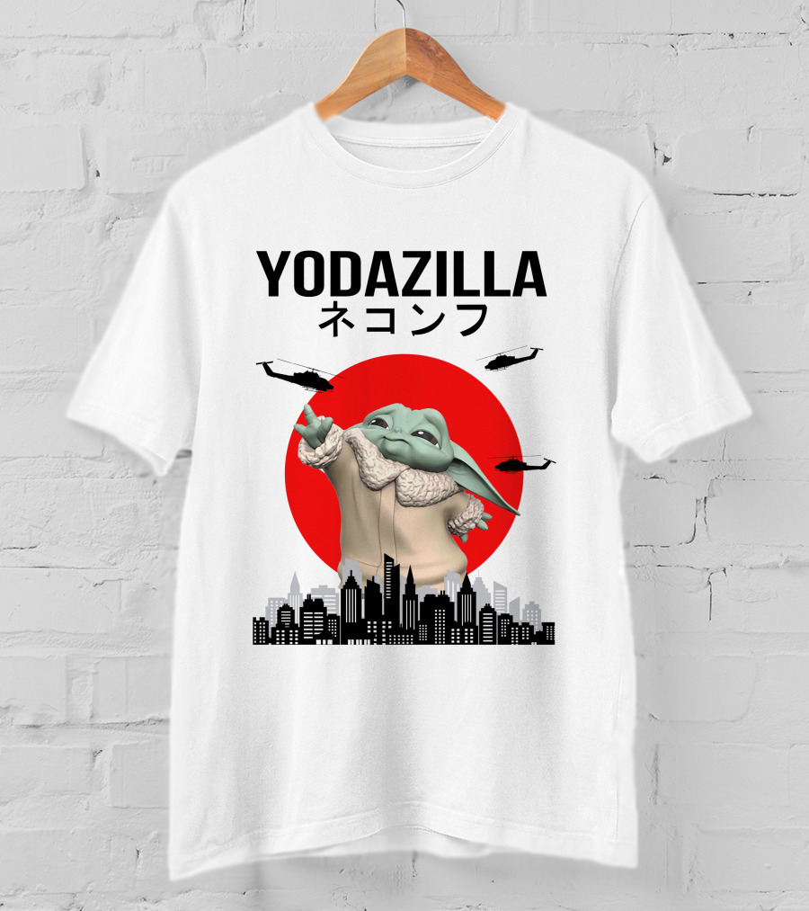Yodazilla Helicopters City Skyline Red Sun T-Shirt
