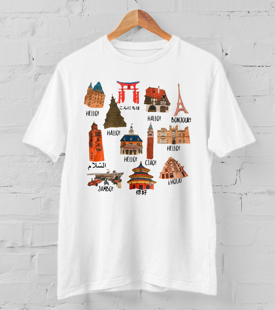 Epcot World Showcase Hello Konnichiwa Bonjour Ciao Jambo Hola Iconic Landmarks T-Shirt