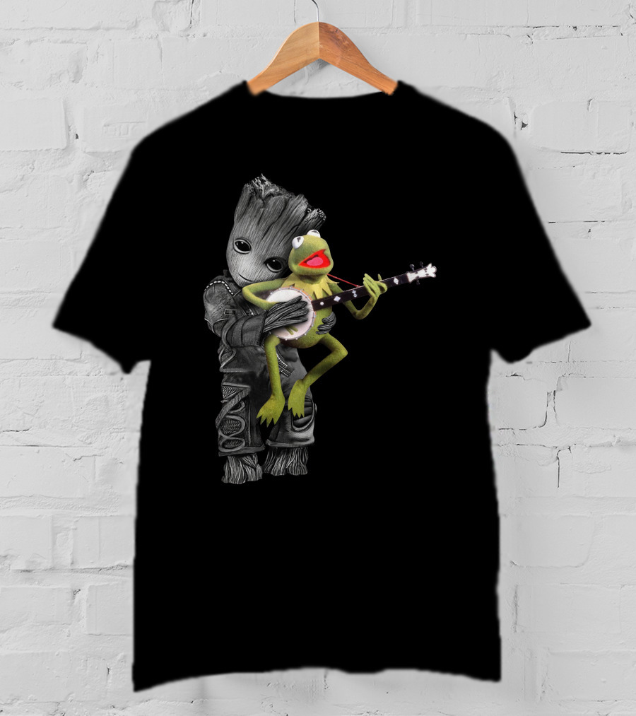 Groot Hugging Kermit Playing Banjo T-Shirt