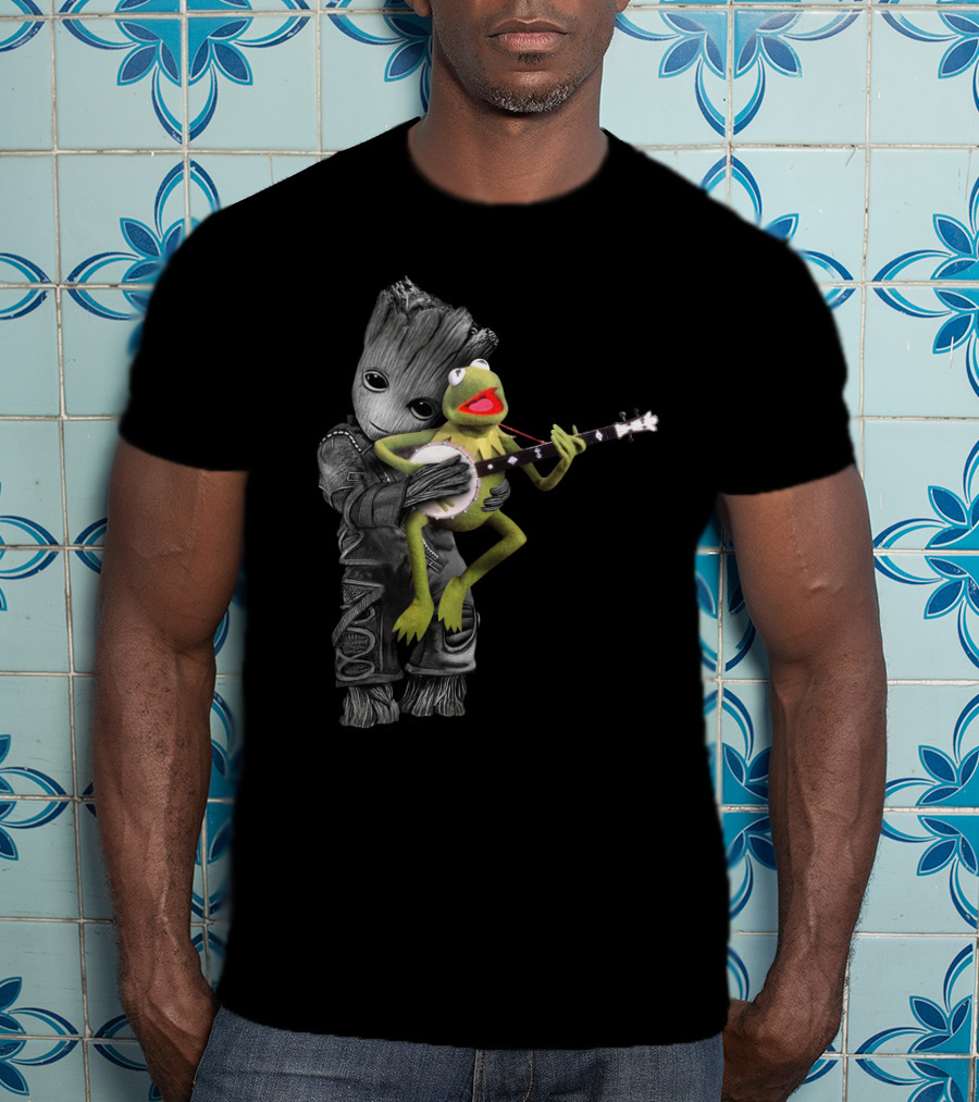 Groot Hugging Kermit Playing Banjo T-Shirt