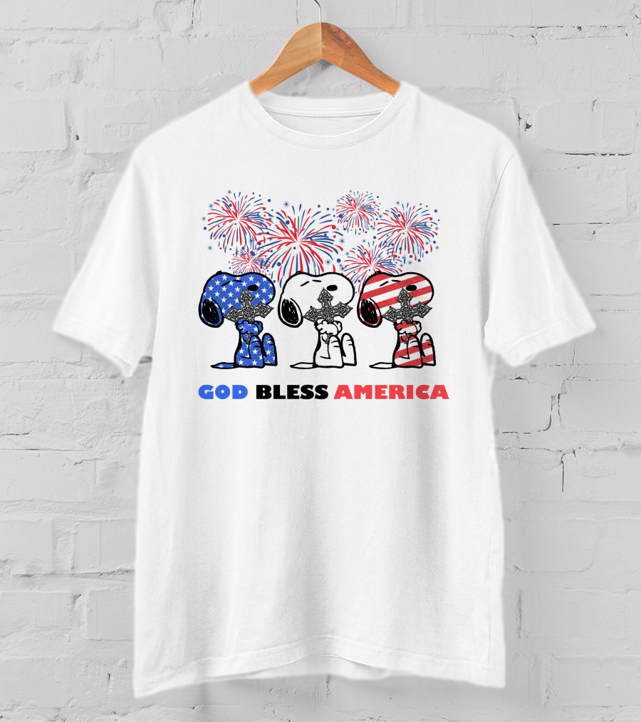 God Bless America Snoopy Cross Fireworks Fourth Of July T-Shirt