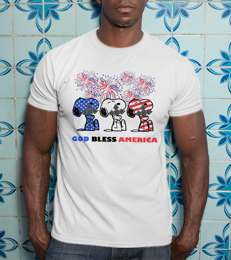 God Bless America Snoopy Cross Fireworks Fourth Of July T-Shirt