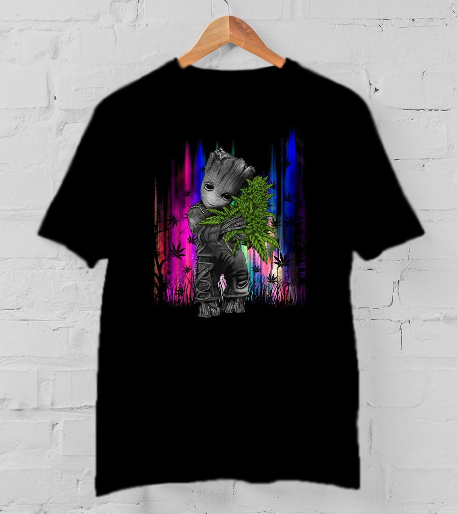 Love Hug Groot Cannabis Hugging Rainbow Background T-Shirt