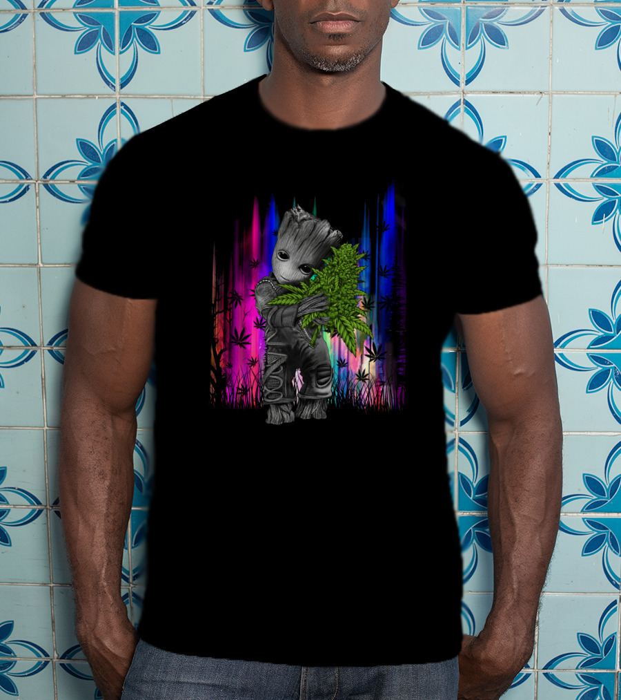 Love Hug Groot Cannabis Hugging Rainbow Background T-Shirt