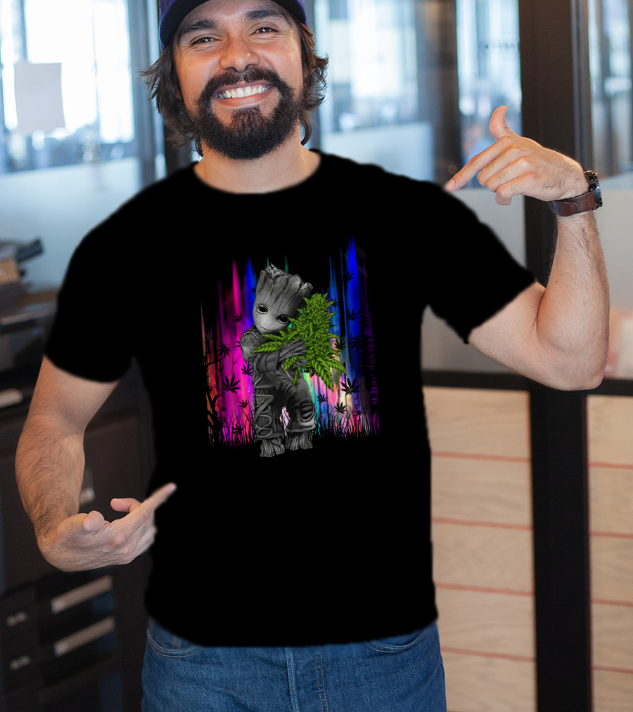 Love Hug Groot Cannabis Hugging Rainbow Background T-Shirt