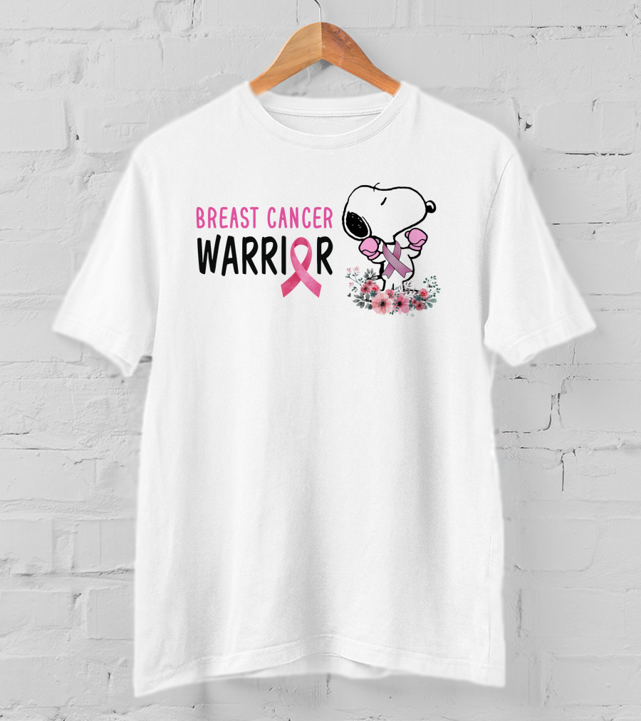 Breast Cancer Warrior Pink Ribbon Snoopy With Boxing Gloves And Flowers T-Shirt