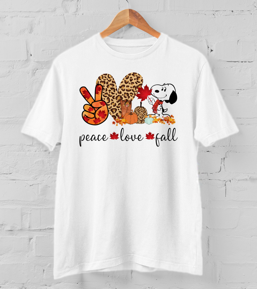 Peace Love Fall Snoopy Leopard Print Pumpkin Leaves T-Shirt