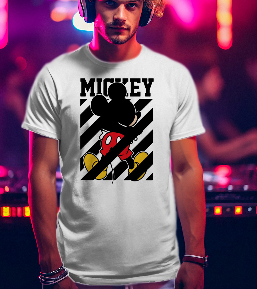 Mickey Mouse Black And White Stripes Red Yellow T-Shirt