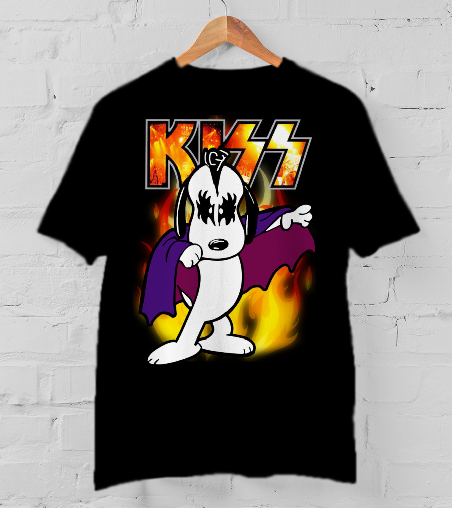 KISS Snoopy Peanuts Mashup With Flames And Comic T-Shirt