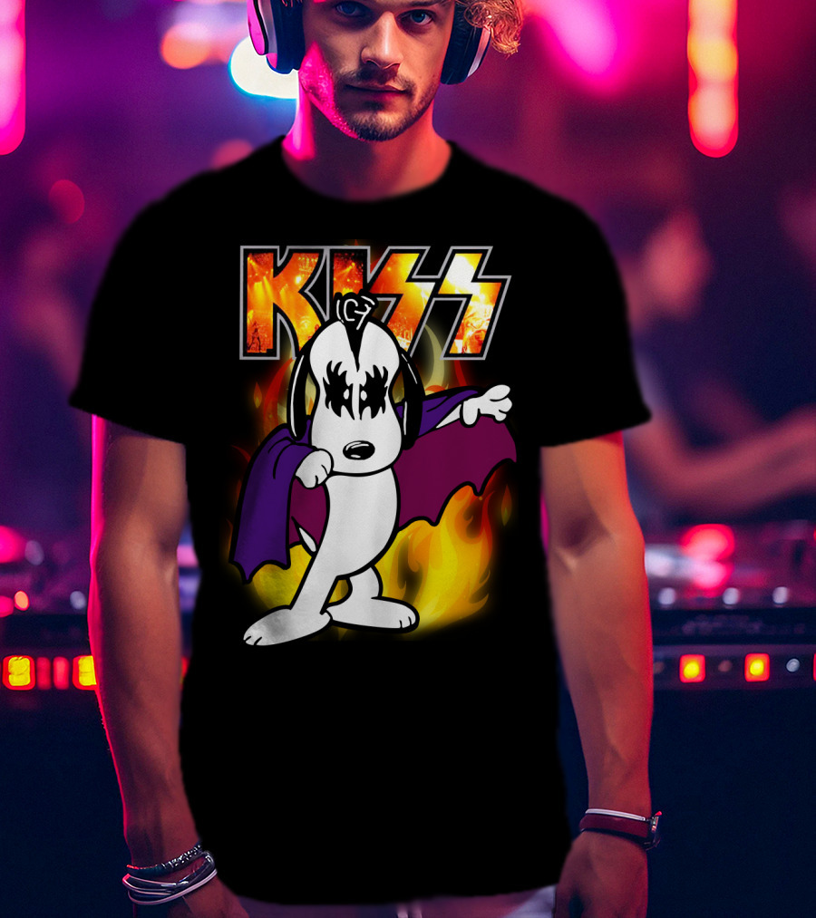 KISS Snoopy Peanuts Mashup With Flames And Comic T-Shirt