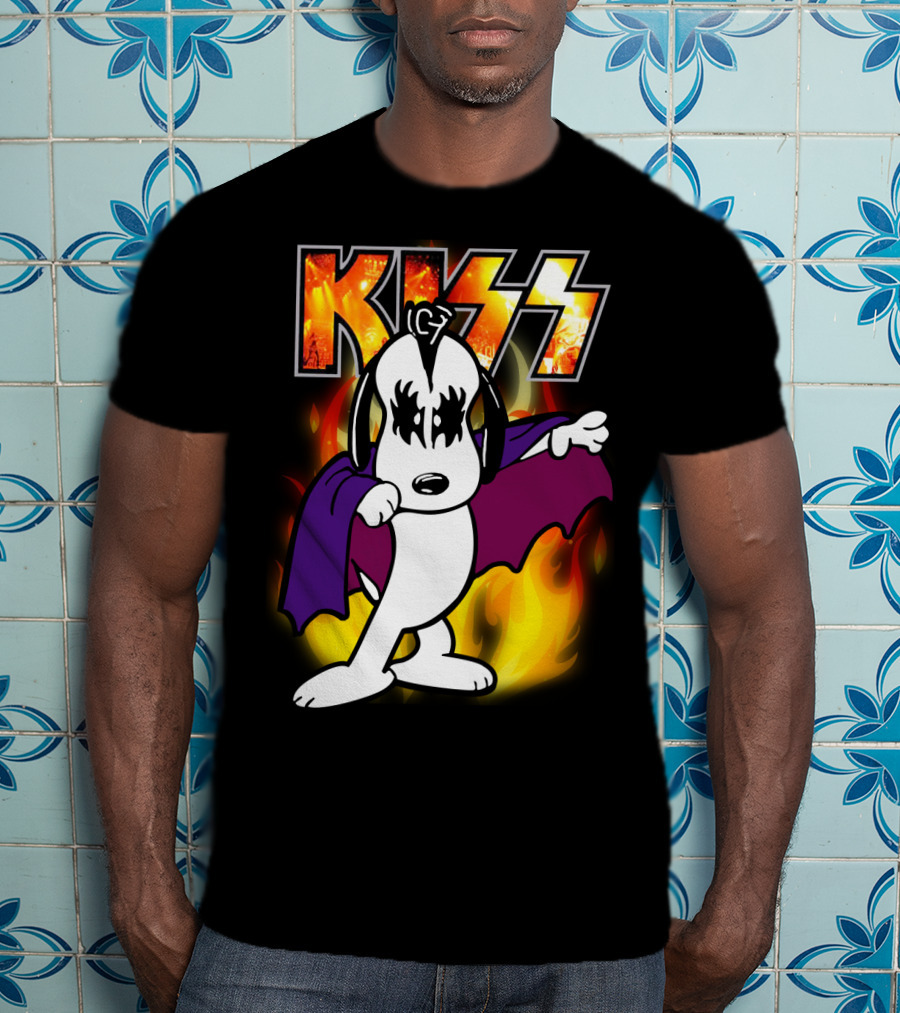 KISS Snoopy Peanuts Mashup With Flames And Comic T-Shirt