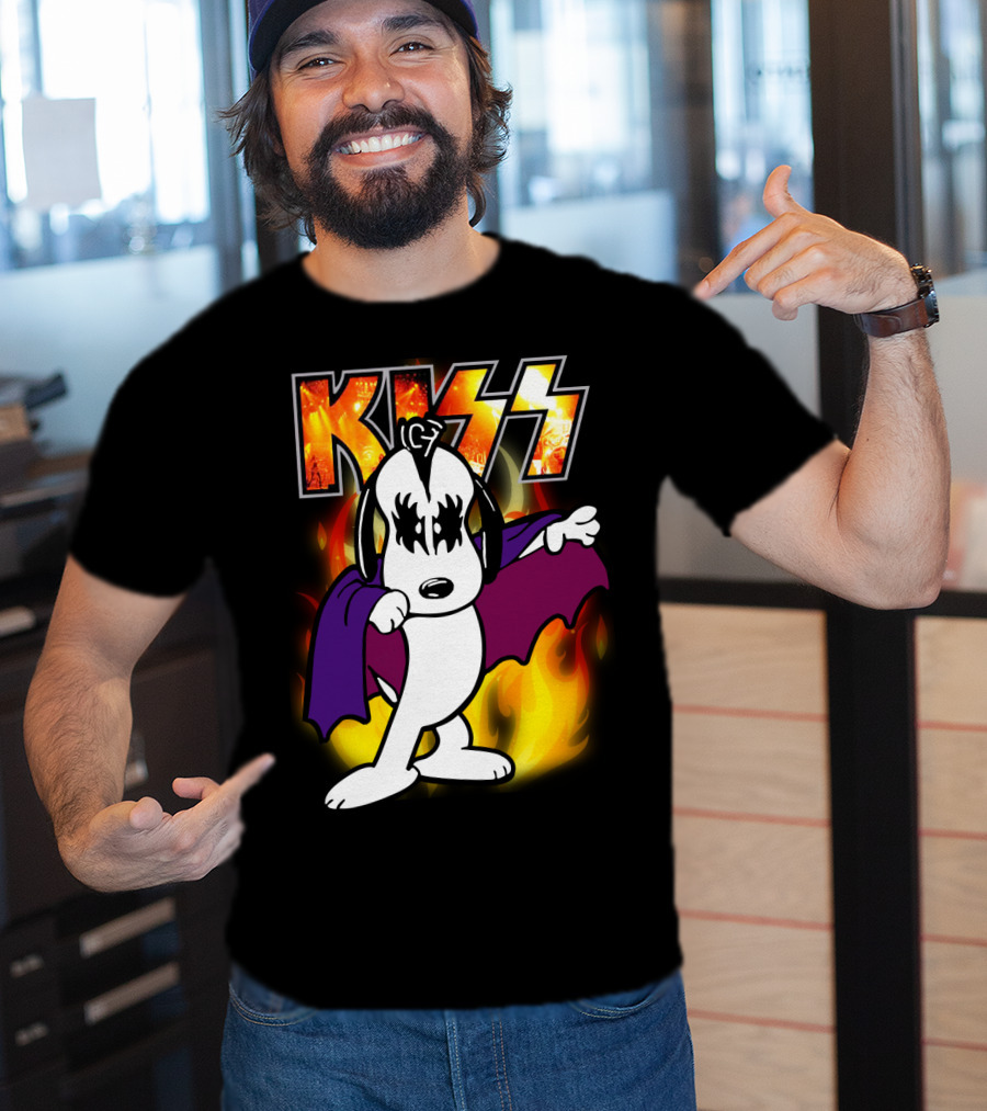 KISS Snoopy Peanuts Mashup With Flames And Comic T-Shirt