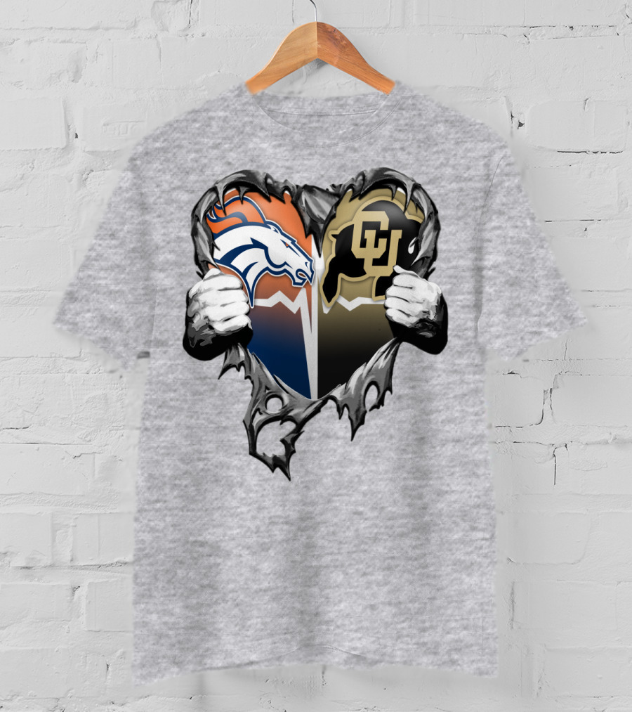 Denver Broncos And Colorado Buffaloes Heart Logo Rip T-Shirt