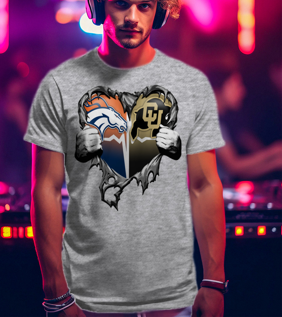 Denver Broncos And Colorado Buffaloes Heart Logo Rip T-Shirt
