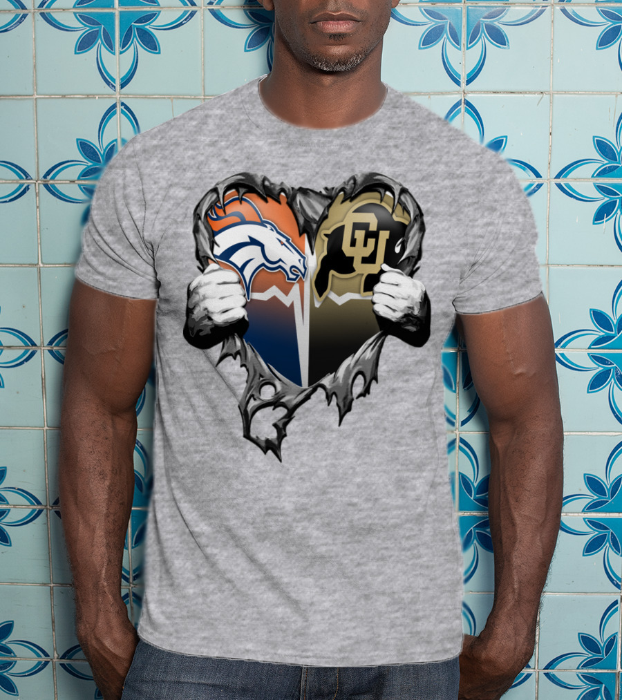 Denver Broncos And Colorado Buffaloes Heart Logo Rip T-Shirt