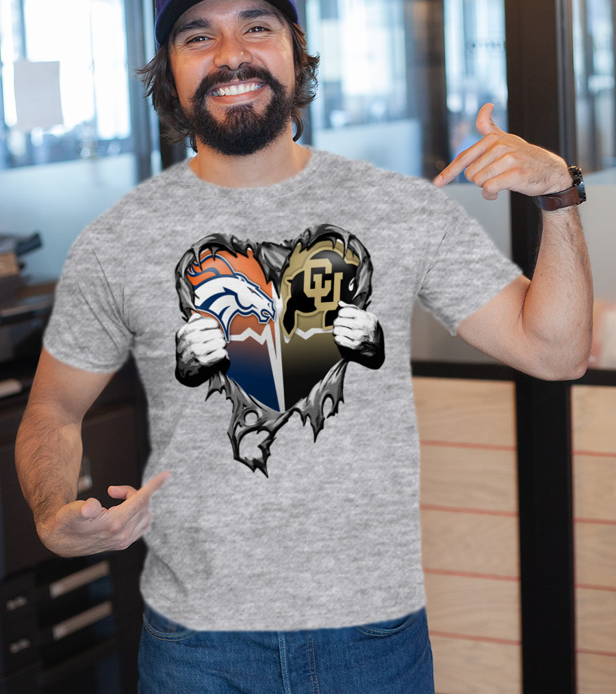 Denver Broncos And Colorado Buffaloes Heart Logo Rip T-Shirt
