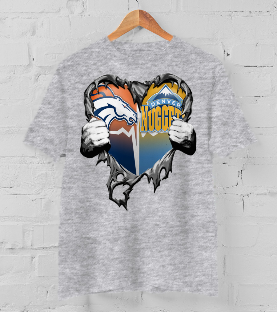 Broncos Nuggets Torn Heart Logo Fusion T-Shirt