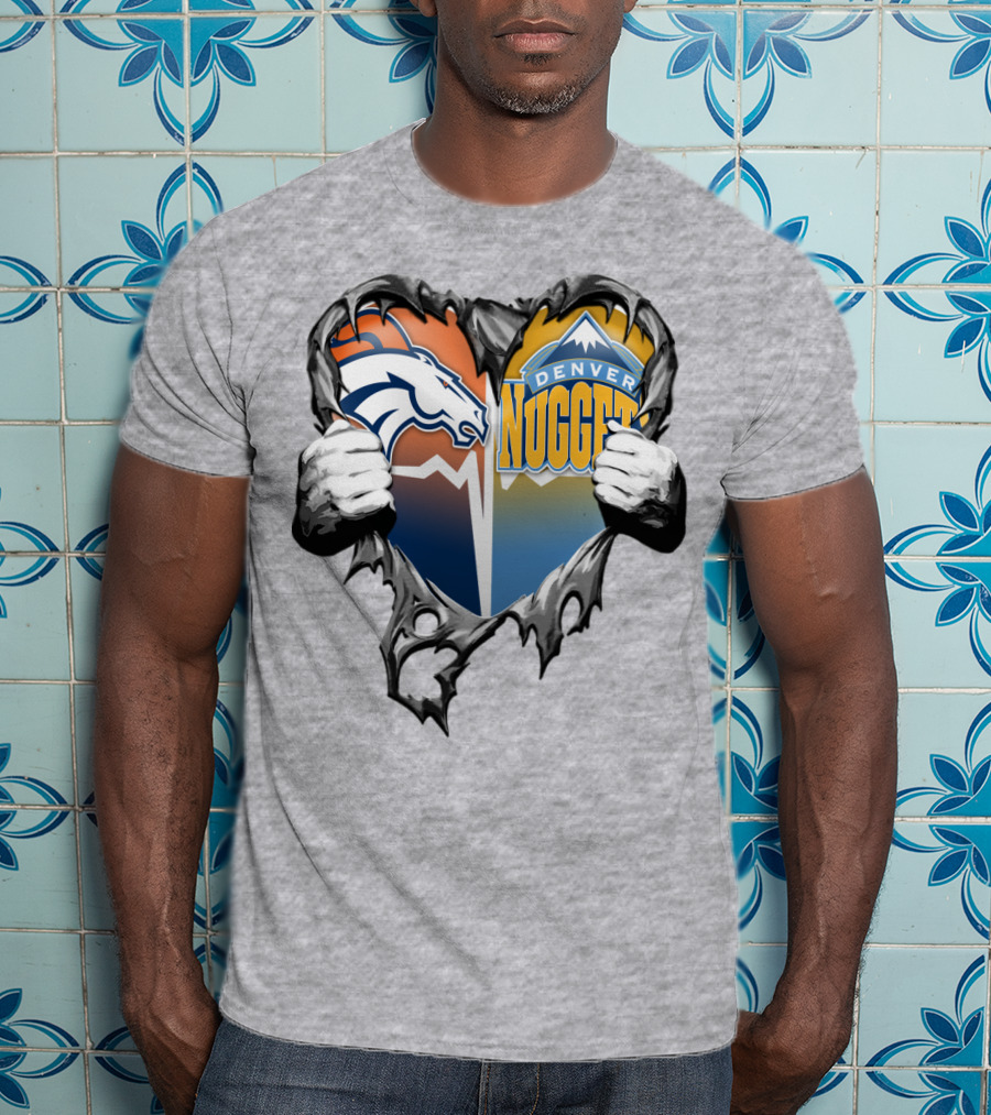 Broncos Nuggets Torn Heart Logo Fusion T-Shirt
