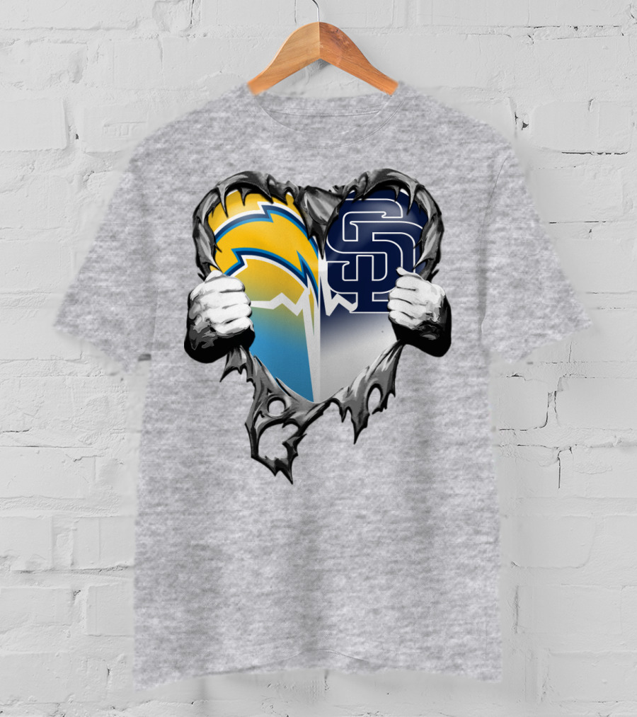 Los Angeles Chargers San Diego Padres Heart Logo Fusion T-Shirt