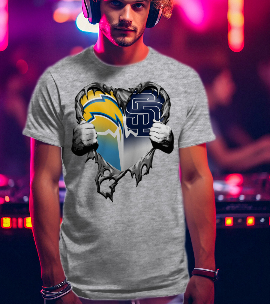 Los Angeles Chargers San Diego Padres Heart Logo Fusion T-Shirt