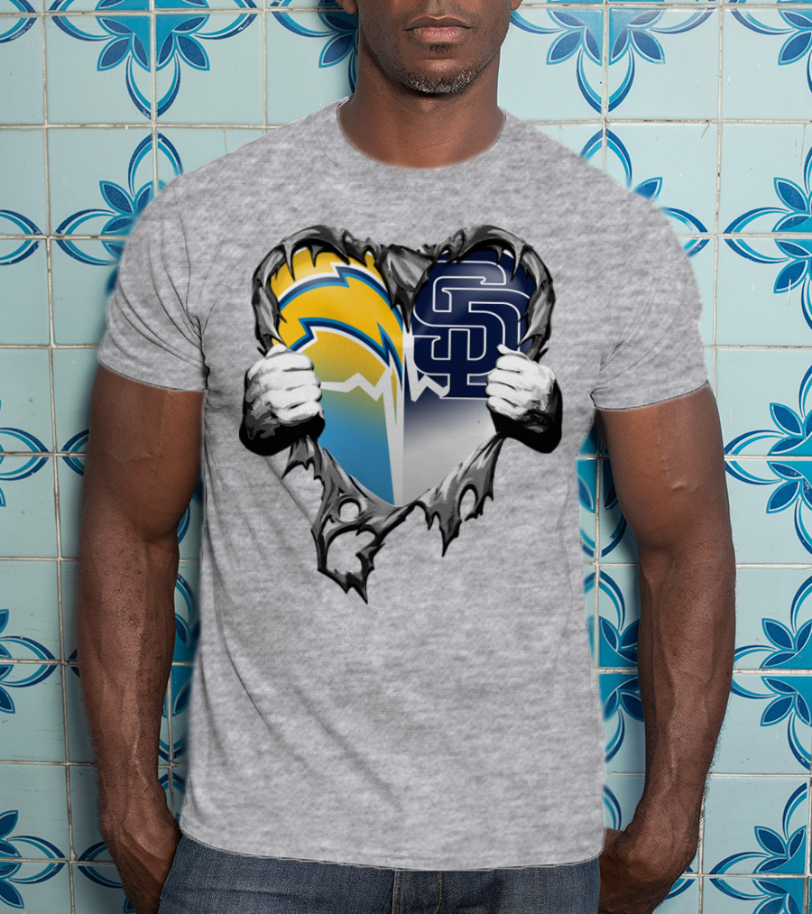 Los Angeles Chargers San Diego Padres Heart Logo Fusion T-Shirt
