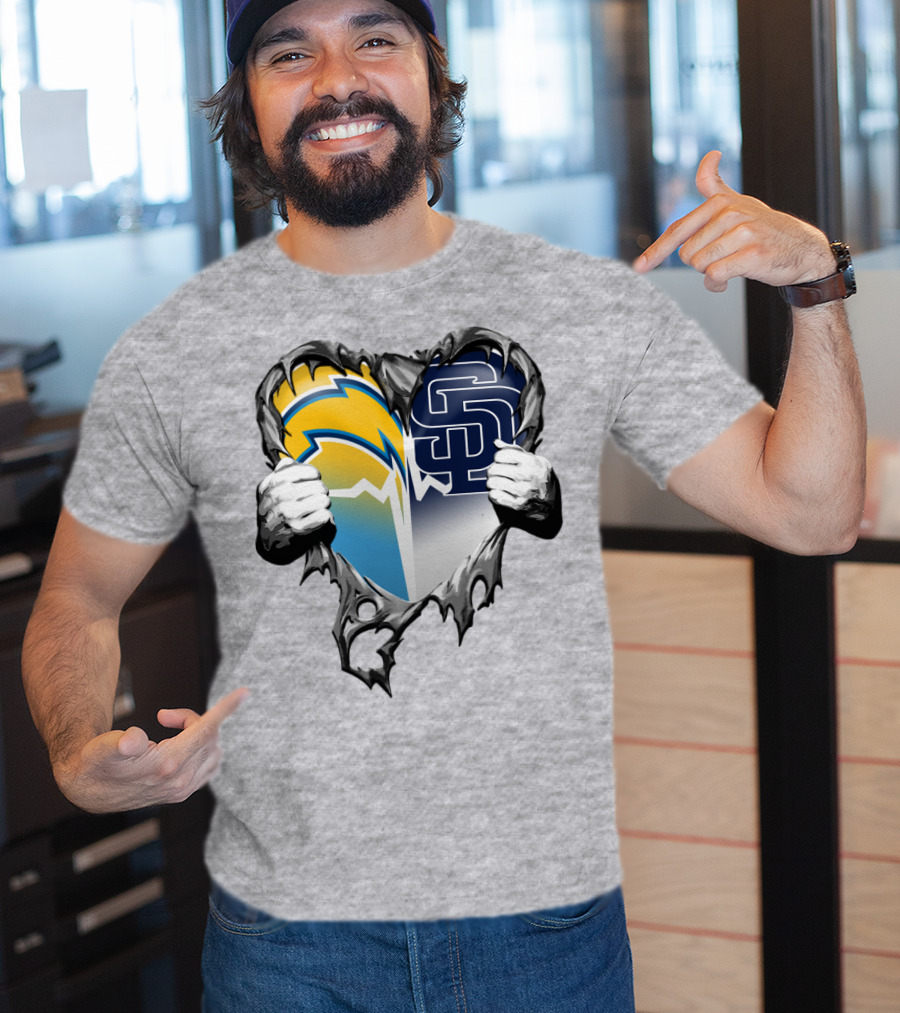 Los Angeles Chargers San Diego Padres Heart Logo Fusion T-Shirt