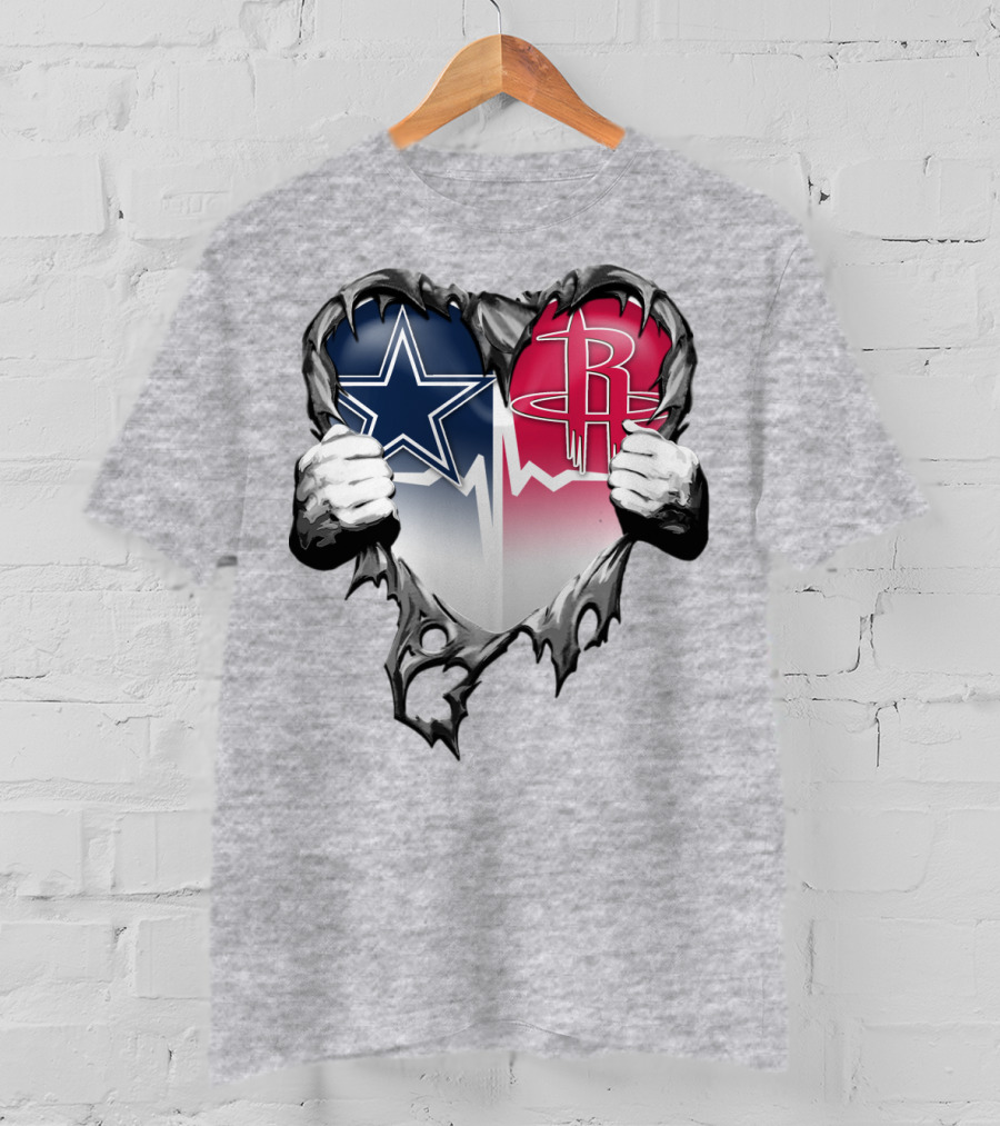 Dallas Cowboys Houston Rockets Torn Heart Logo Fusion T-Shirt