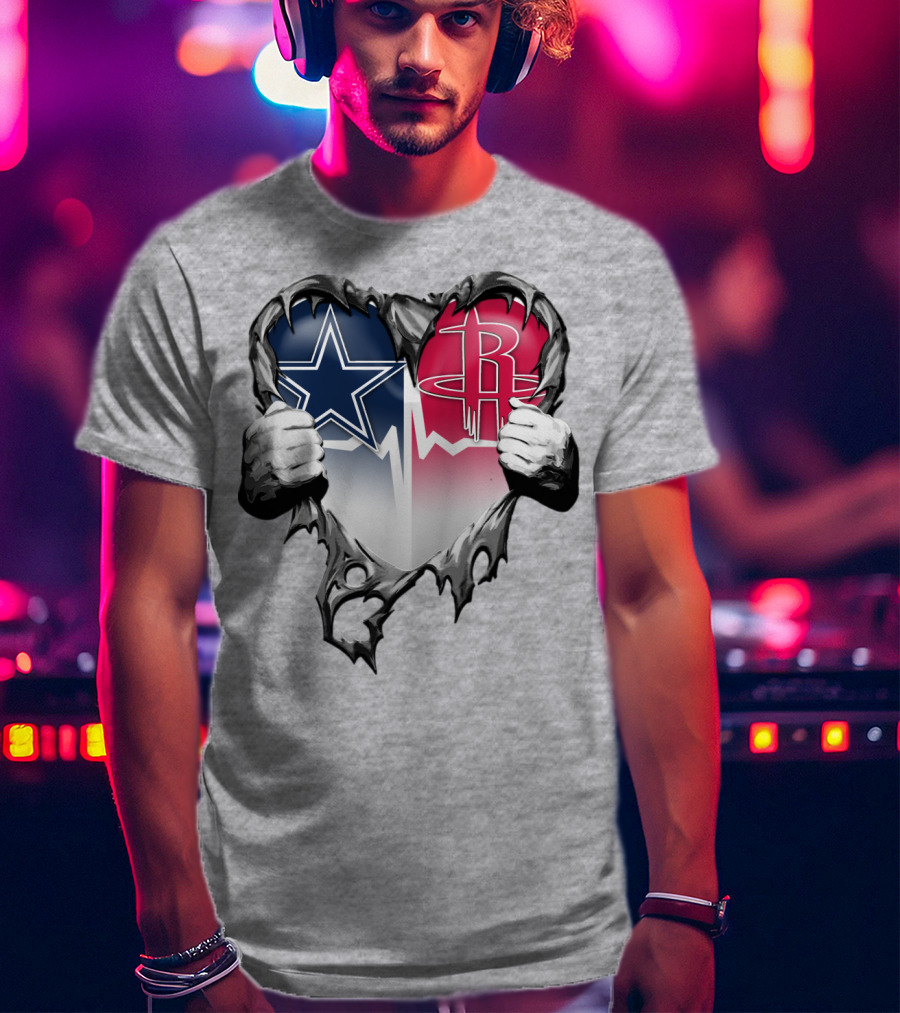 Dallas Cowboys Houston Rockets Torn Heart Logo Fusion T-Shirt