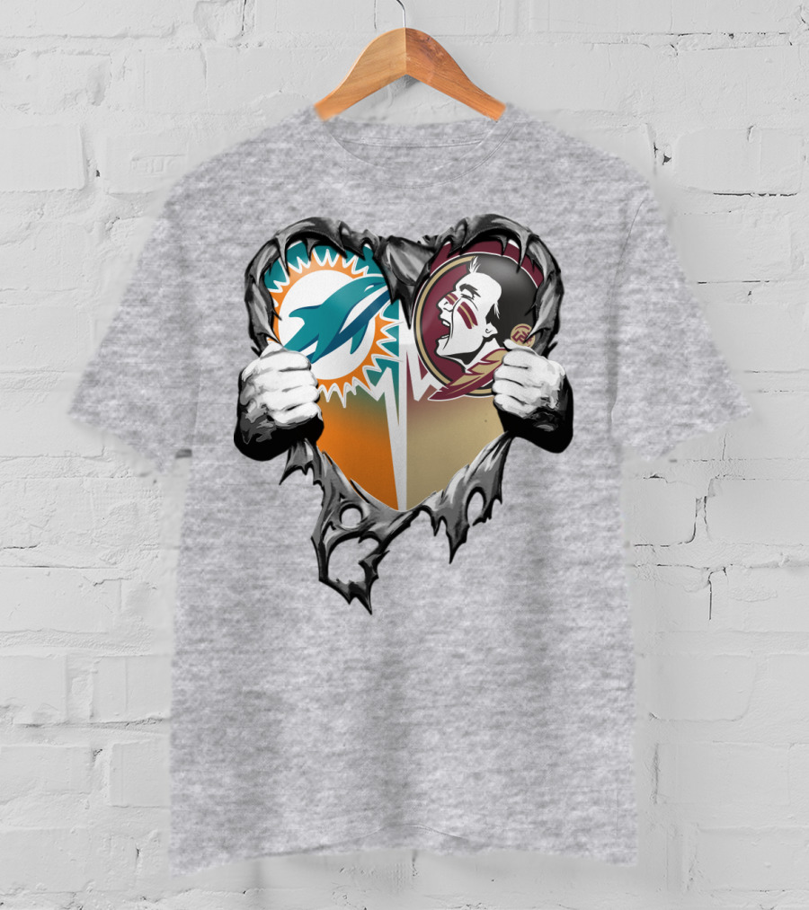 Miami Dolphins Florida State Seminoles Heart Tear T-Shirt