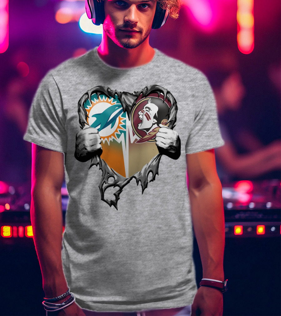 Miami Dolphins Florida State Seminoles Heart Tear T-Shirt