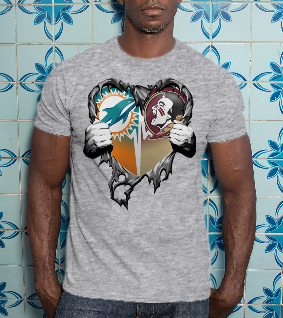Miami Dolphins Florida State Seminoles Heart Tear T-Shirt