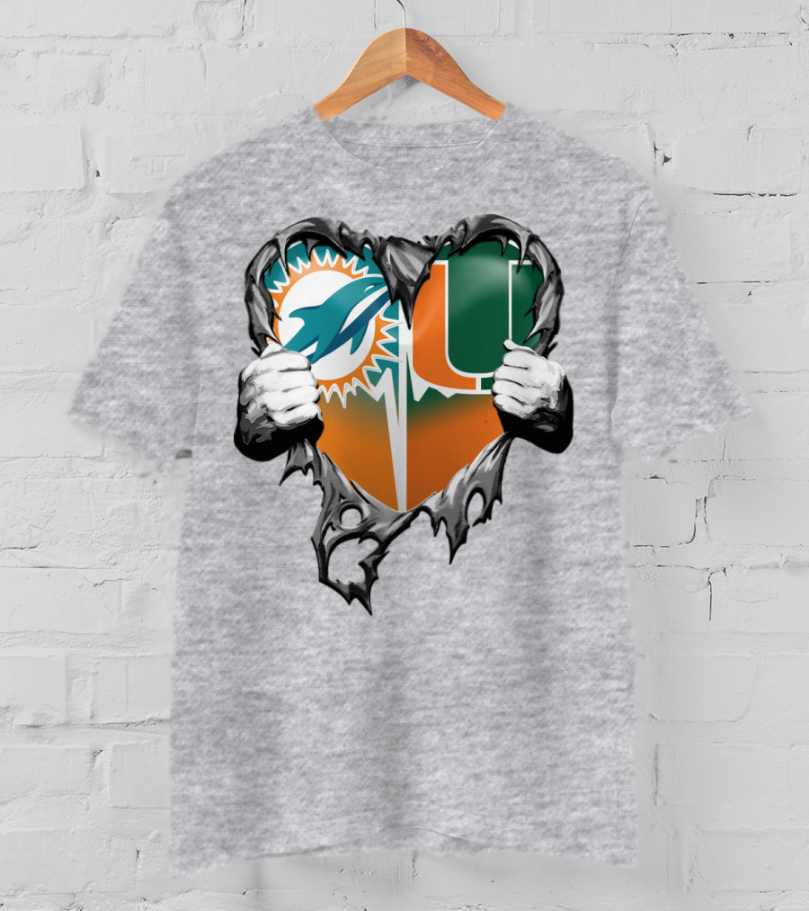 Miami Dolphins And Miami Hurricanes Heart T-Shirt