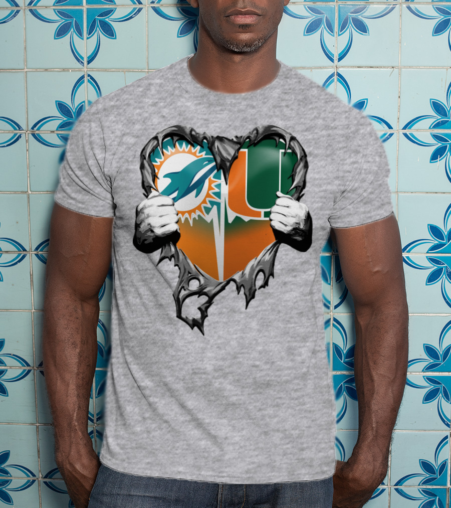 Miami Dolphins And Miami Hurricanes Heart T-Shirt