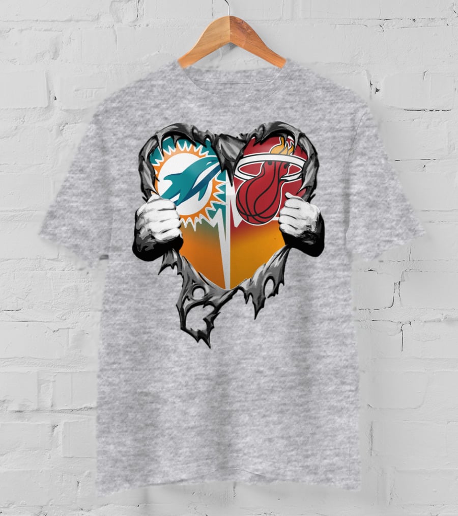 Miami Dolphins Miami Heat Heart Hands T-Shirt
