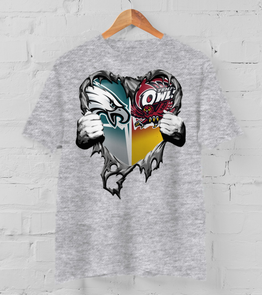 Philadelphia Eagles Temple Owls Heart Logo Rip T-Shirt