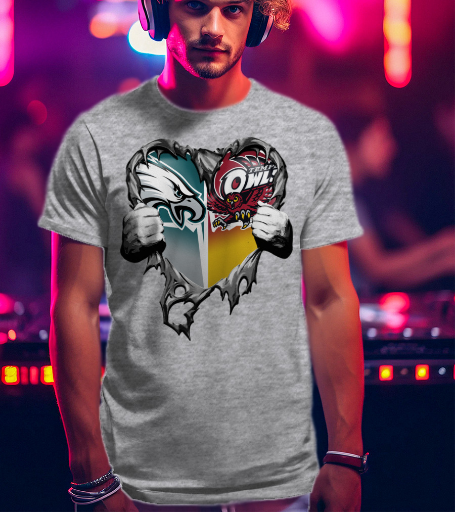 Philadelphia Eagles Temple Owls Heart Logo Rip T-Shirt