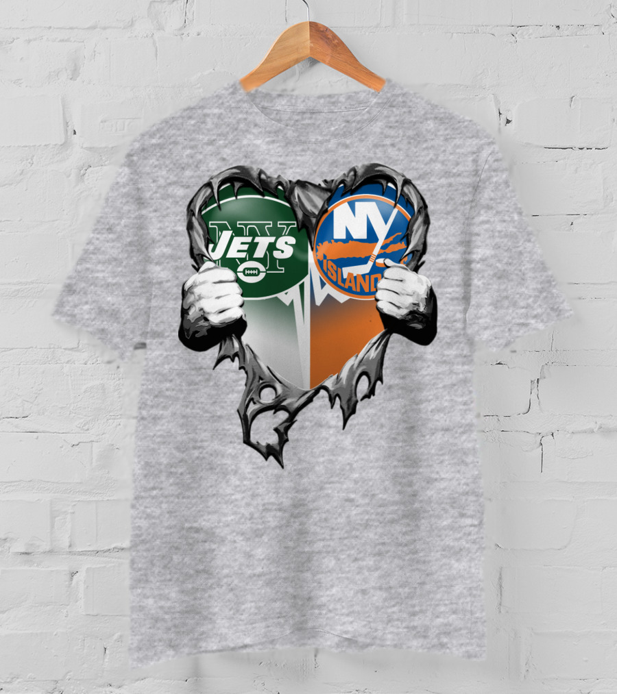 Jets Islanders Heart Rip Torn Metal Hands T-Shirt